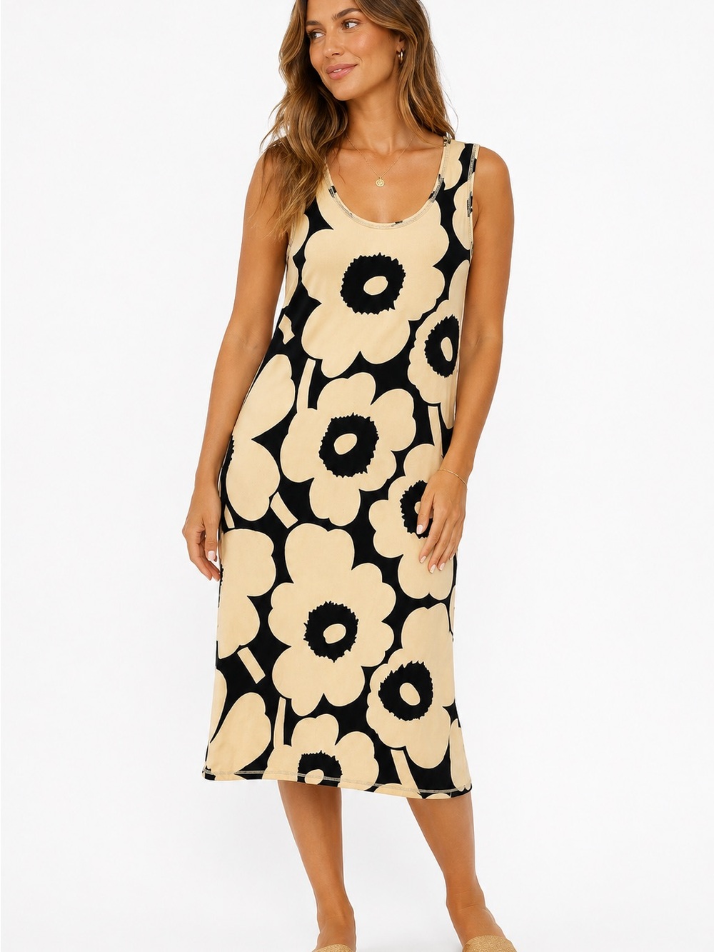 Iconic Marimekko Simpukka Unikko Rib Floral Tank Midi Dress Beige Black Sz S